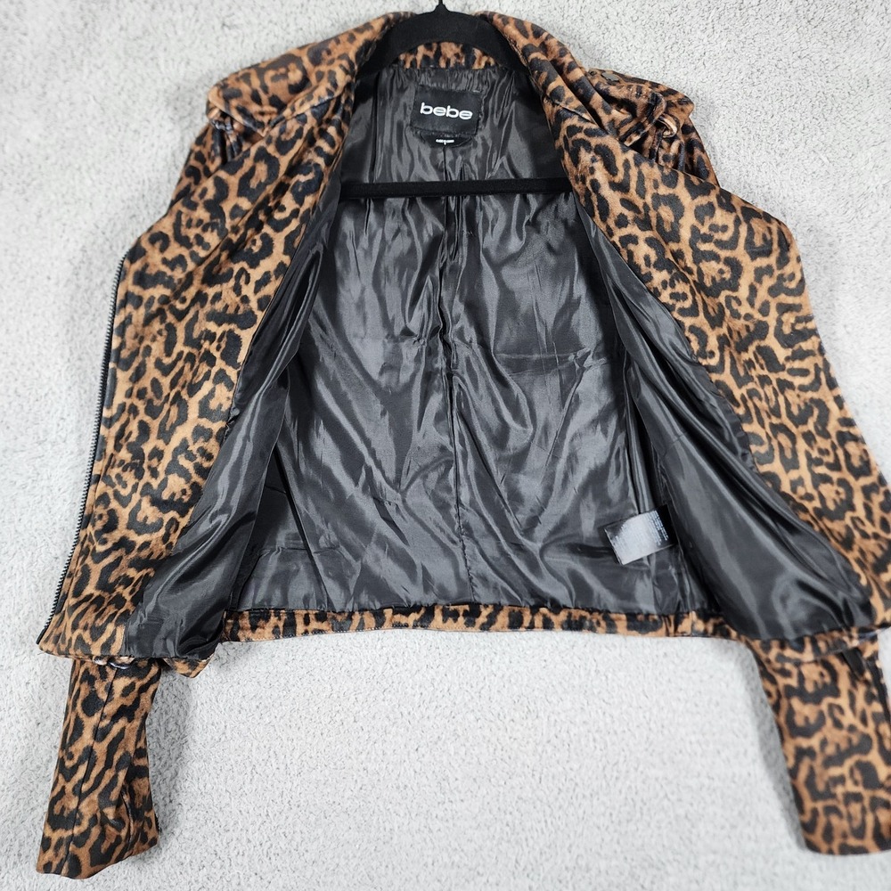 Bebe Leopard Print Moto Jacket Womens S Black Brown Front Zip Mob Wife Rock Y2K - Picture 11 of 14